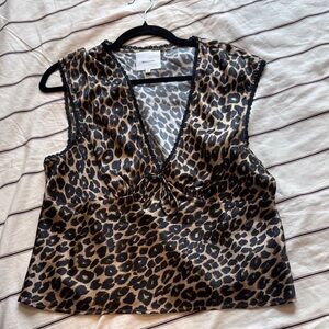 Reformation Size L Leopard Print V-Neck Satin Sleeveless Top